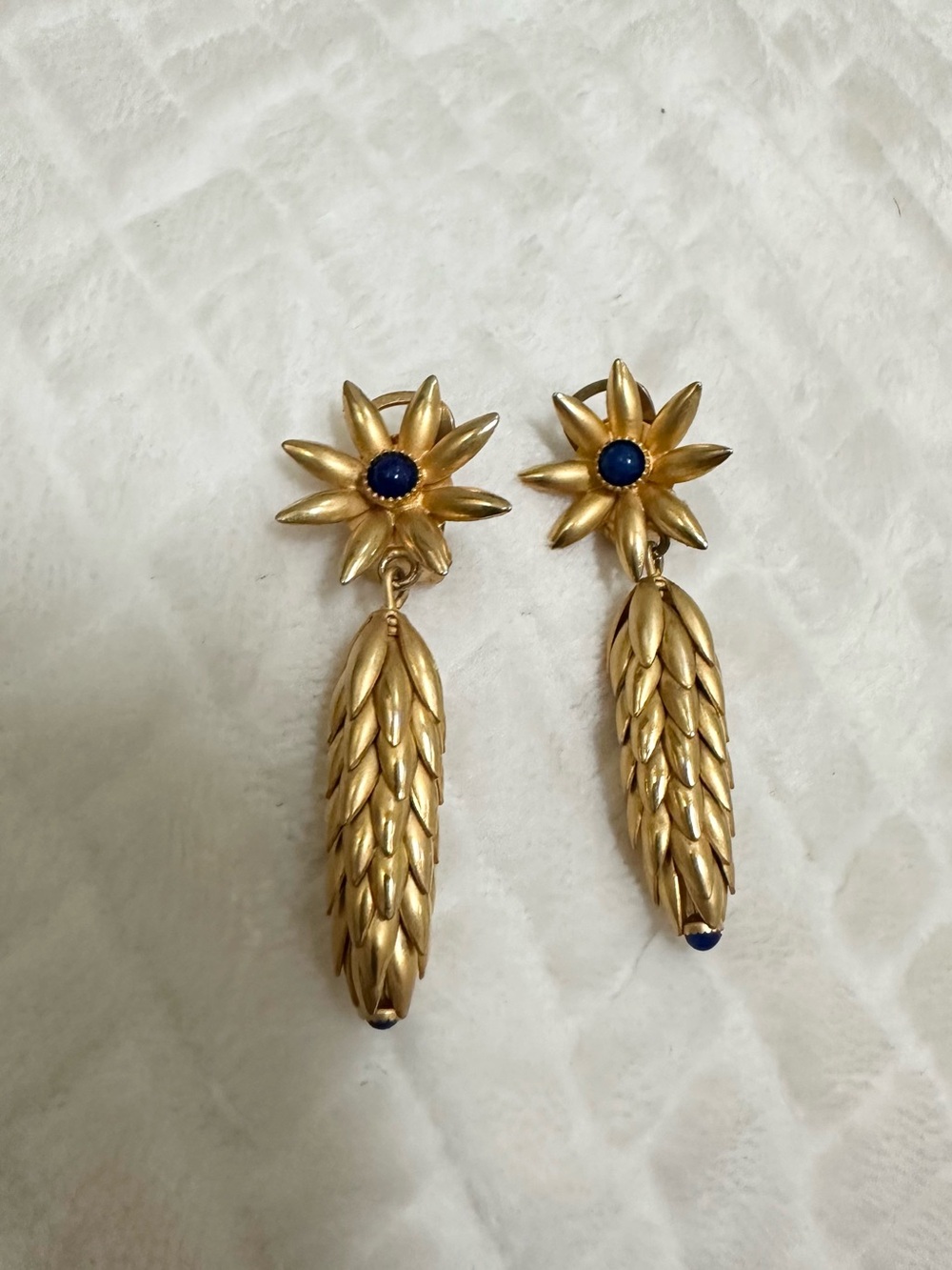 Gold Flower Drop Earrings with Blue stones pine cone clip on vintage vtg